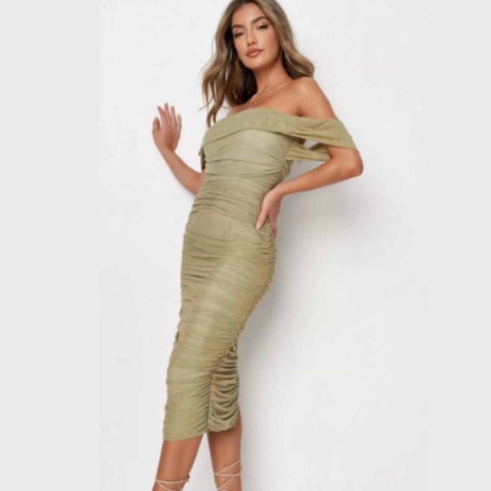 Khaki Mesh Ruched Bardot Midaxi Dress
